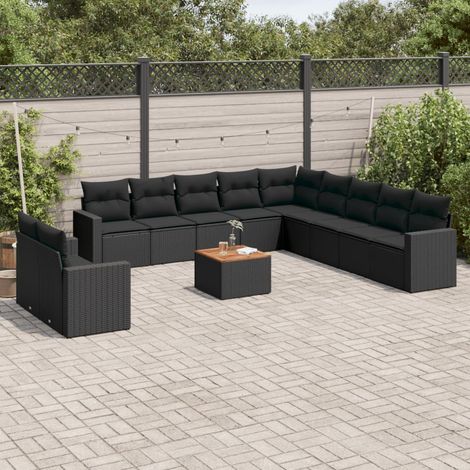 Ensemble de salon de jardin 12 places en résine tressée noir avec coussins et table en acacia Meuble extérieur modulaire résistant aux intempéries et UV (1/3)