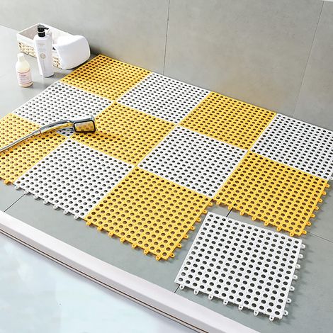 Lot de 10 Dalles de sol de emboîtables, Tapis de bain antidérapant en assembler de forme carrée 3030cm avec trous de drainage (jaune et blanc) (1/5)