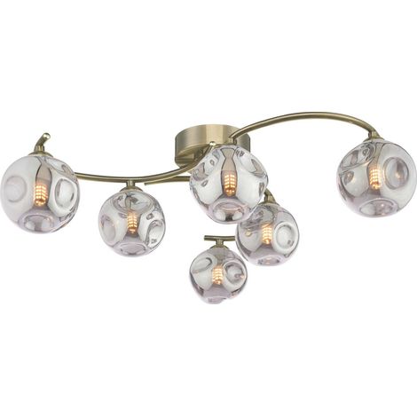 Dar Nakita Plafonnier semi-encastré Nakita à 6 lumières, finition laiton antique et verre fumé organique fermé