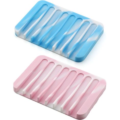 Lot de 2 porte-savons en silicone, accessoires de salle de bain pour savon et autres produits d'entretien, rose et blanc, et bleu et blanc.-AquaForge (1/5)