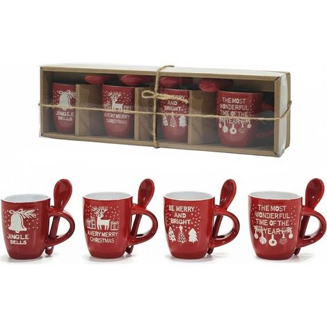 TrAdE Shop Traesio - Set 4 Tazzine Natalizie Decorate In Ceramica Capacità 7 Cl Con Cucchiaini Coordinati - (1/2)