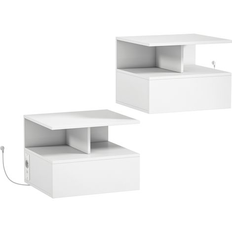 Set 2 Comodini Sospesi 40x35x30 cm con Stazione di Ricarica Cassetto e Ripiano Aperto in Legno Bianco (1/5)