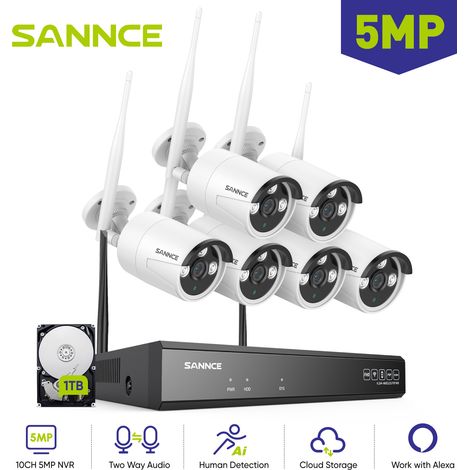 SANNCE 5MP Kit de Videovigilancia Exteriores POE NVR 6 Cámaras Visión Nocturna Audio Bidireccional WiFi Sistema de Cámaras de Seguridad 1TB (1/5)