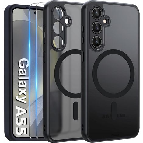 Funda MagSafe negra mate para Samsung A55 5G + 2 protectores de cristal (1/5)
