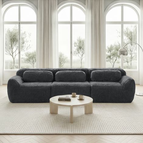 3-Sitzer Sofa grau aus Plüsch modular rahmenlos mit Kissen und rutschfester Basis (1/5)