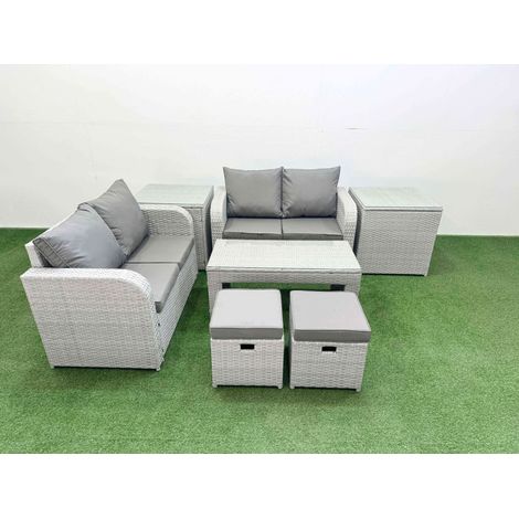 Fimous 6 Seater Outdoor Love Sofa Set Rattan Garden Furniture Set with Oblong Coffee Table 2 Small Stools 2 Side Tables Light Grey (1/4)
