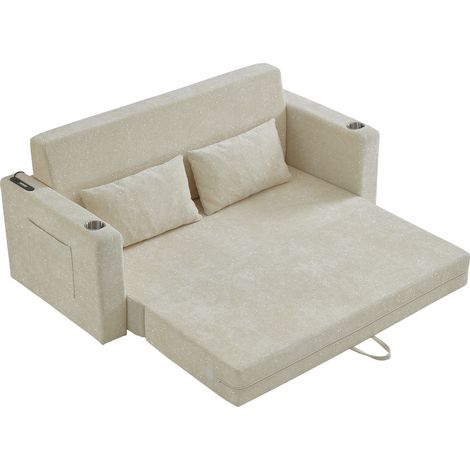 Schlafsofa 2-Sitzer, Klappbar mit USB-Anschlüssen, Getränkehaltern und Seitentaschen, Chenille Beige 80.0 x 50.0 x 50.0 cm (1/5)