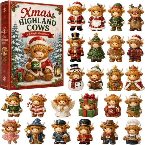 Calendrier De L'Avent Highland Cow 2026 avec 24 2D Acrylique Décoration (A)