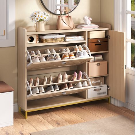 Zapatero estrecho con 2 puertas abatibles y armario lateral, 110x24x100 cm, natural OKMYHOME (1/5)