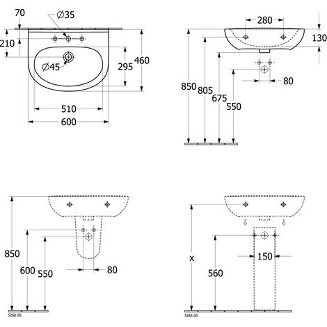 Lavabo ovale VB O.novo 600x460mm 1HL avec trop-plein Pergamon CeramicPlus