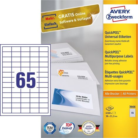 Avery 3666 etiqueta autoadhesiva Rectángulo Permanente Blanco 6500 pieza(s)