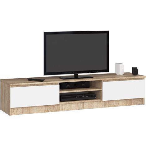 Akord – Meuble TV 160 cm chêne sonoma – 2 portes blanches – 2 étagères ouvertes – Dimensions 160x40x33 cm – Panneau stratifié