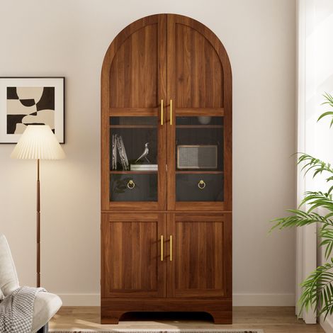 Vetrina mobile alto ad arco con led - 76x40x180 cm - credenza soggiorno con 4 ante e 1 cassetto - stile vintage mid-century in mdf - noce (1/5)