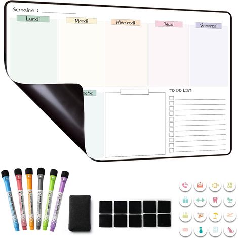 Calendrier Magnetique Organisateur Tableau Frigo, Planning Semaine Magnetique, Planificateur de Menus/Repas, Planificateur Hebdomadaire, 42×28cm effacable en Français (1/5)