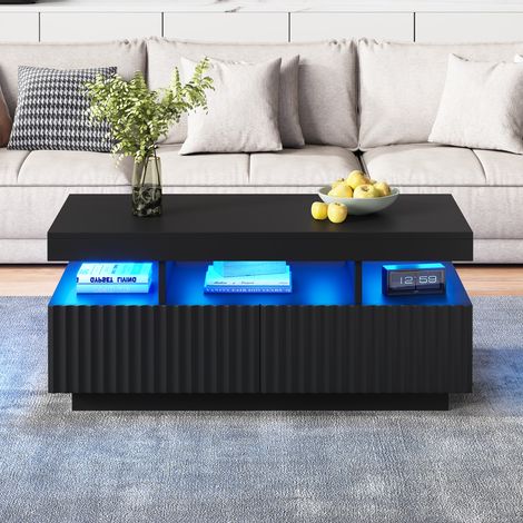 Table basse noire 100x50x45 cm avec 2 tiroirs,structure à bandes verticales et LED. Pratique et design pour le salon et la vie quotidienne. (1/5)