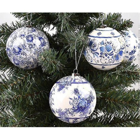 24 boules de Noël chinoises bleues et blanches pour sapin.