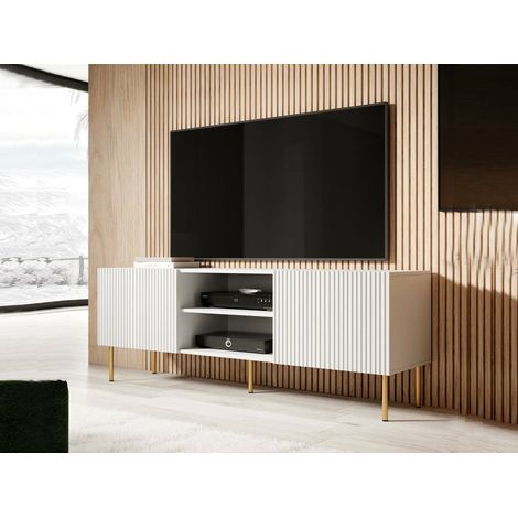 Mueble de TV Magnano, aparador de salón con cuatro puertas batientes, elevado del suelo, 150x42 h52 cm, blanco (1/4)