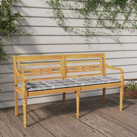 vidaXL Banco Batavia con cojín patrón cuadros grises madera teca 150cm (1/5)