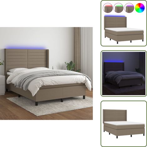 Sommier à lattes de lit matelas et LED Taupe 140x200 cm Tissu - Sommier Tapissier - Lit Plateforme - Matelas À Ressorts Ensachés - Tête De Lit Ajustable - Éclairage LED (1/5)