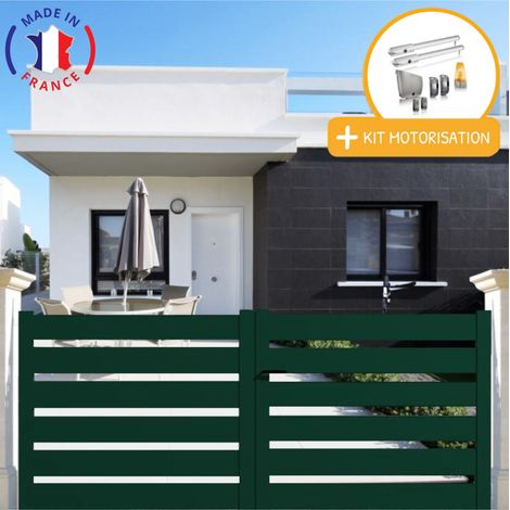 Portail aluminium battant SAH en kit + Motorisation dimensions L.3000 (entre piliers) X H.1740 mm SGS Essential (vérins) Couleurs Vert (RAL 6005)