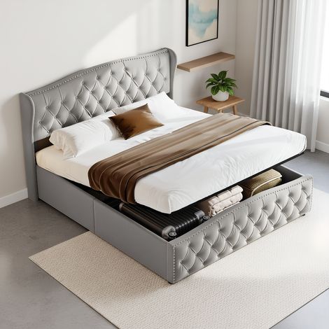 Polsterbett 140 x 200 cm, Doppelbett mit hydraulisch und Stauraum, Modern Jugendbett mit gewelltem Kopfteil mit Nieten, Bettgestell mit Lattenrost, Velour Grau