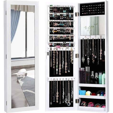 Wall-mounted Jewelry Storage Cabinet Door Hanging Jewelry Armoire w/ Full Mirror (1/5)