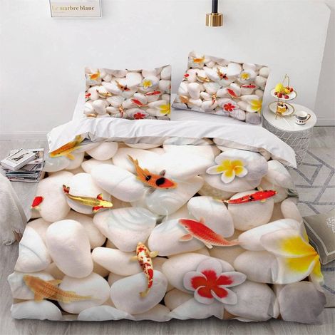 Housse de Couette 140x200 Enfant Poisson Rouge Parure de Lit 1 Personne Microfibre Housse de Couette Pavé 3D Imprimé Literie Set 3 Pièces avec Fermeture Éclair - 140x200+2x50x75 (1/5)