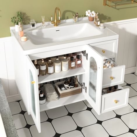 Mueble lavabo suspendido 80 cm con lavabo de cerámica, 2 cajones y compartimento regulable, estructura de MDF blanco (1/5)