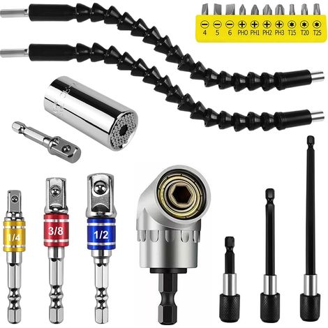 Kit 21 pièces renvoi angle   105° flexible + adaptateurs 1/4" 1/2"   Pour visseuse/perceuse