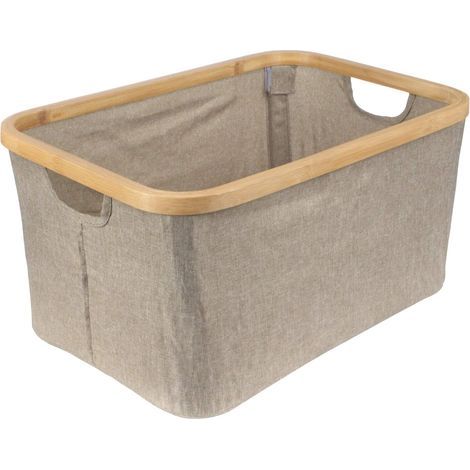 Panier à linge pliable - Bordure en bambou - Rangement polyvalent - Se plie à plat - Revêtement imperméable - Facile à transporter - Grande capacité - Gris - (1/5)