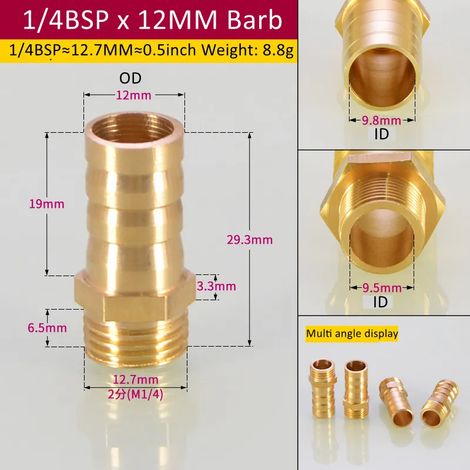 Raccord de tuyauterie en laiton (1l4BSP 12 mm Barb-CN) 6/8/Tuyau, embout cannelé, connecteur mâle BSP, adaptateur de coupleur en cuivre (1/5)