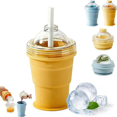 Gobelet Pliant Jaune 2-en-1 en Silicone pour Glaçons Sphériques et Voyage - Tasse Étanche avec Couvercle et Paille, Idéale pour Whisky, Café, Jus, Portable pour Bureau, Fêtes et Activités en Plein Air (1/3)