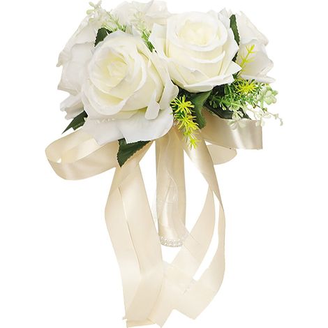 Bouquet De Mariage Artificiel - Roses En Soie Avec Cristaux - Blanc - Pour Mariée Ou Demoiselle D'Honneur - 1 Pièce (1/5)