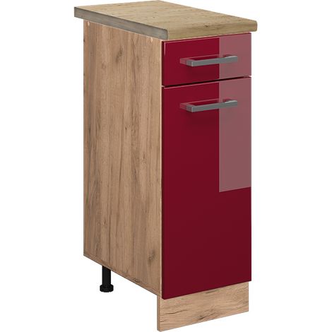 Mueble bajo de cocina R-Line, Rojo Burdeos alto brillo, 30 cm , ET Roble, Vicco