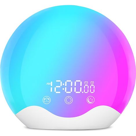 Réveil Lumineux Simulation Aube - Lampe Réveil avec Son Naturel et Radio FM - 8 Couleurs + 3 Blancs Chauds - Minuterie Veilleuse - Pour Chambre Adulte ou Enfant - 1 Pièce (1/4)