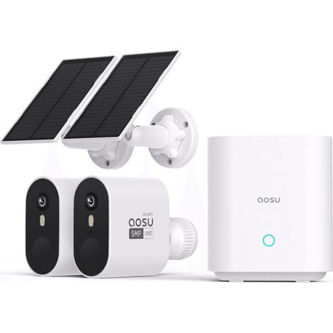 AOSU 3K Camara Vigilancia WiFi Exterior Solar con Batteria, 5MP 2 Security Camaras sin Cables, Visión Nocturna Colorida, Vista de 166°, Audio Bidireccional, Detección de Movimiento PIR, IP67 (1/5)