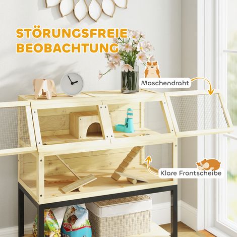 Cage pour hamster nain en bois naturel, 87 x 43 x 101 cm, enclos à rongeurs avec étagère, biberon, cabane, balançoire, roues, rampes, habitat pour petits animaux meuble sur roulettes (1/5)
