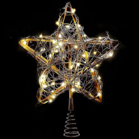 Étoile de Noël pour sapin avec 30 lumières LED blanc chaud cuivré, décorations de Noël vintage en rotin naturel pour sapin, table et cheminée. (1/4)