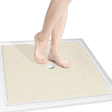 Tapis de douche carré 68,5 x 68,5 cm, en TPE antidérapant avec ventouses et trous d'évacuation, séchage rapide, beige (1/5)
