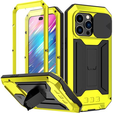 Coque pour iPhone 14 Pro, R-just CamShield Slide, robuste, jaune/noir (1/5)