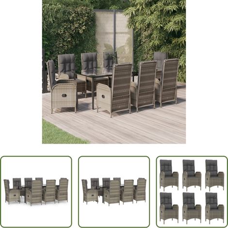 vidaXL Garten-Essgruppe -  9-tlg. Garten-Essgruppe mit Kissen Schwarz und Grau Poly Rattan (1/5)