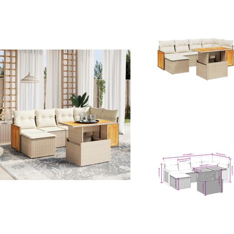 Salon de jardin avec coussins 7 pcs beige résine tressée - Ensemble Salon De Jardin - Mobilier Extérieur - Résine Tressée - Rotin Synthétique - Table Extensible (1/3)