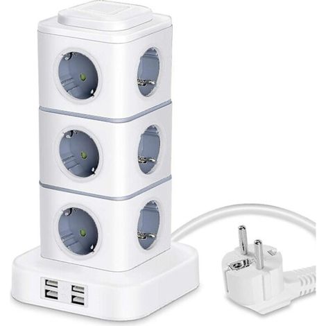 Vertikale Steckdosenleiste, 12 Steckdosen mit 4 USB-Anschlüssen, mit Überspannungsschutz — Geeignet für Zuhause und Büro — 3 Meter Verlängerungskabel (2500 W / 10 A)