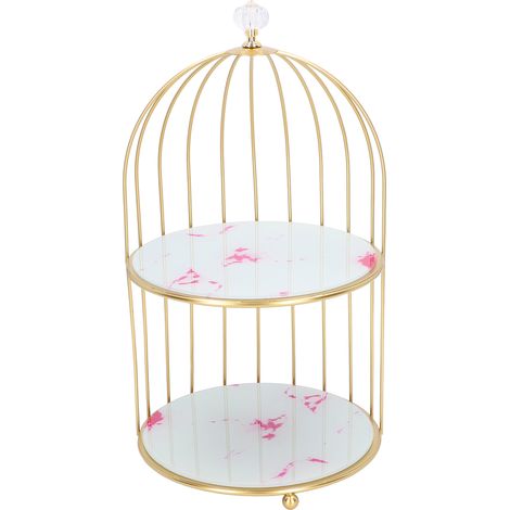 Étagère de rangement à double niveau, organisateur de cage à oiseaux, présentoir pour salle de bain ou coiffeuse, cadre doré, motif pierre rose, pour comptoir de salle de bain ou coiffeuse. (1/5)