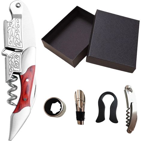 Ensemble Tire-Bouchon - Acier Inoxydable Et Bois Coloré - Avec Bec Verseur Et Coupe-Foil - Pour Dégustation De Vin à La Maison - Set De 5 Pièces (1/5)