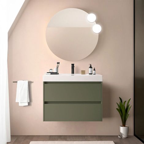 Mobile bagno sospeso 80 cm verde satinato con due cassetti e lavabo in resina Gaya (1/5)
