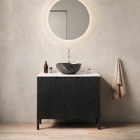 Meuble sous vasque 76 cm noir avec vasque céramique effet pierre (1/5)