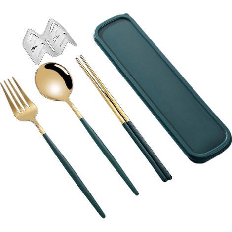 Ensemble de couverts coréen style anti-poussière en acier inoxydable (baguettes, fourchette, cuillère) pour un usage quotidien Kaesi Kb-2pcs-Green Gold (1/5)