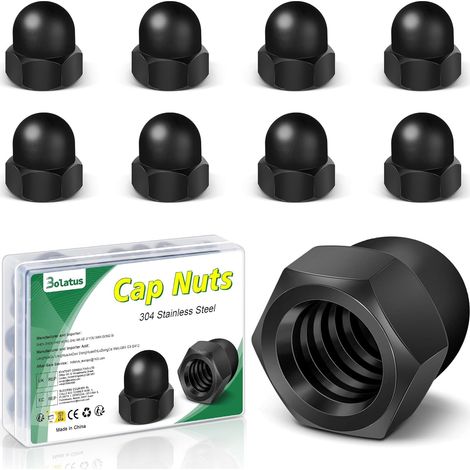 Lot de 10 écrous à chape M12 noir, Bolatus haute forme Écrous à chape hexagonaux de haute qualité, écrous à capuchon en acier inoxydable pour vis tiges filetées et boulons filetés, écrou borgne moto