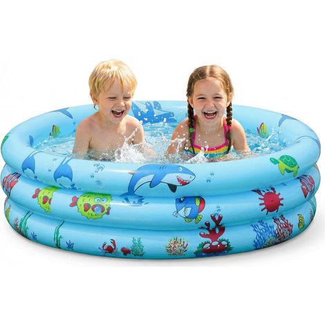 Inflatable children's pool, 3-ring paddling pool with inflatable safety bubble floor, small paddling pool for toddlers, garden, yard, blue, 90 cm (1/5)